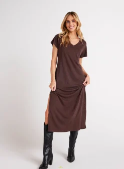 Bella Dahl V-Neck Knit Maxi Dress - Chestnut Brown- Long Dresses