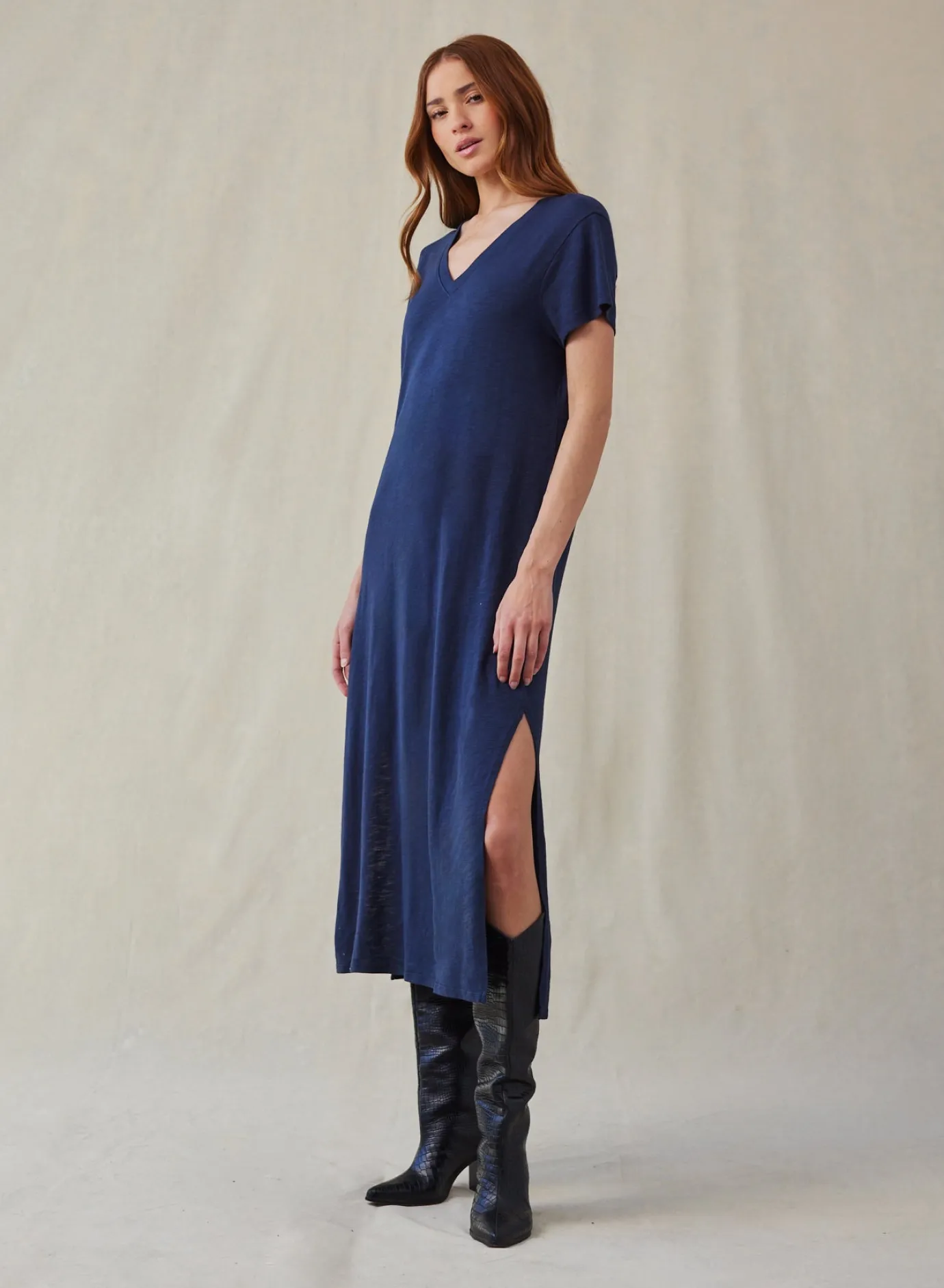 Bella Dahl V-Neck Knit Maxi Dress - Endless Sea- Essentials Dresses
