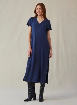 Bella Dahl V-Neck Knit Maxi Dress - Endless Sea- Long Dresses