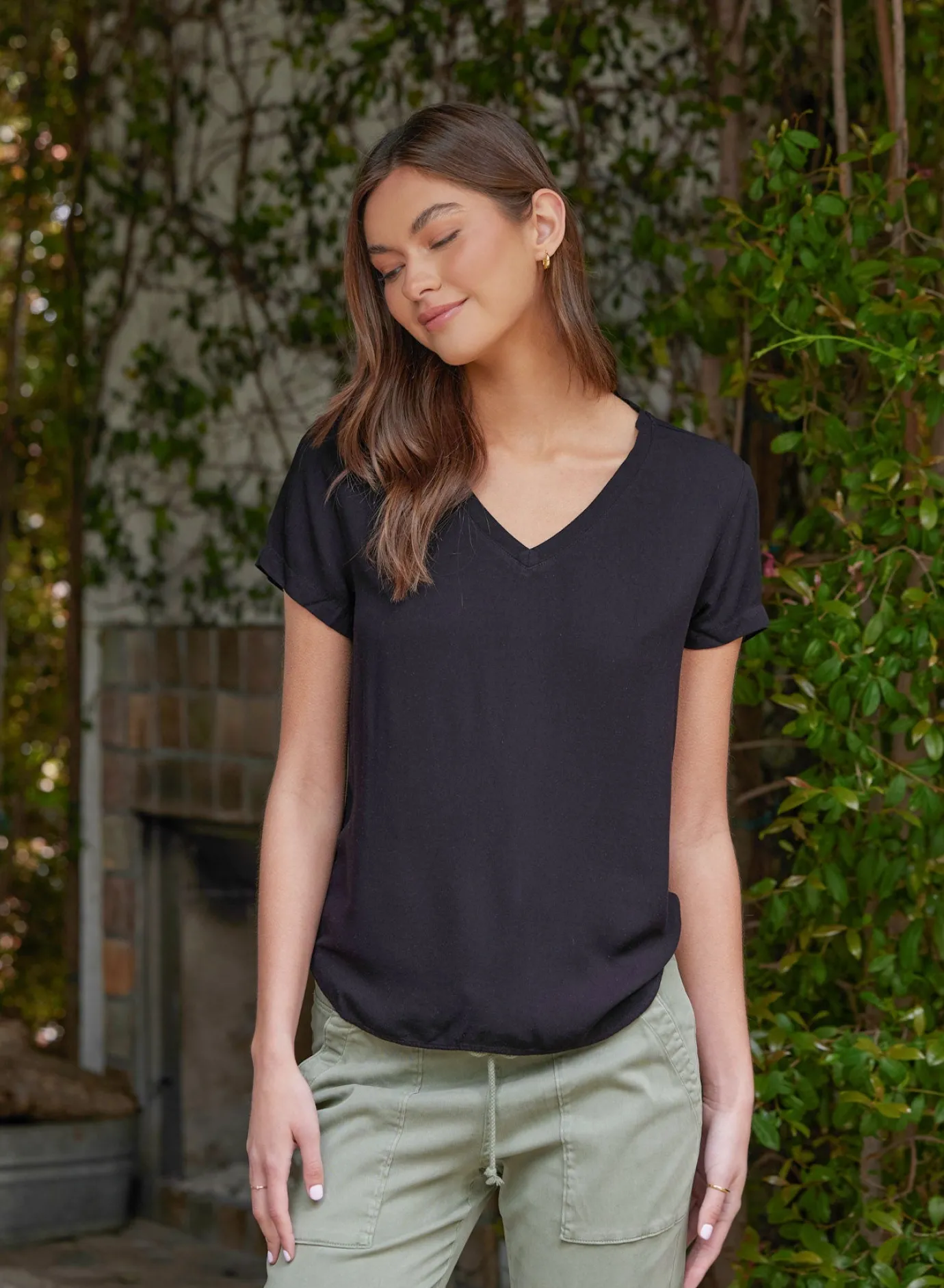 Bella Dahl V-Neck Tee - Vintage Black- Essentials Tops
