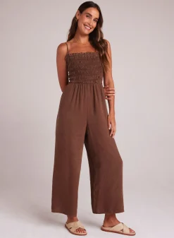 Bella Dahl Wide Leg Smocked Ruffle Jumpsuit - Botanical Brown- Rompers & Jumpsuits