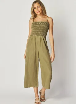 Bella Dahl Wide Leg Smocked Ruffle Jumpsuit - French Olive- Rompers & Jumpsuits