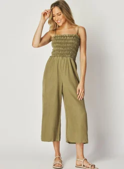 Bella Dahl Wide Leg Smocked Ruffle Jumpsuit - French Olive- Rompers & Jumpsuits