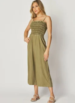 Bella Dahl Wide Leg Smocked Ruffle Jumpsuit - French Olive- Rompers & Jumpsuits