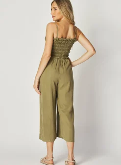Bella Dahl Wide Leg Smocked Ruffle Jumpsuit - French Olive- Rompers & Jumpsuits